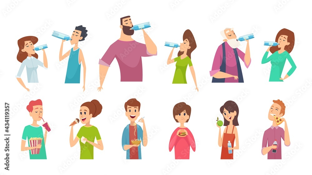 Eating and drinking characters. Drink water, bottle in people hands. Person eat different food, isolated vector set Eating and drinking characters. Drink water, bottle in people hands. Person eat different food, isolated vector set