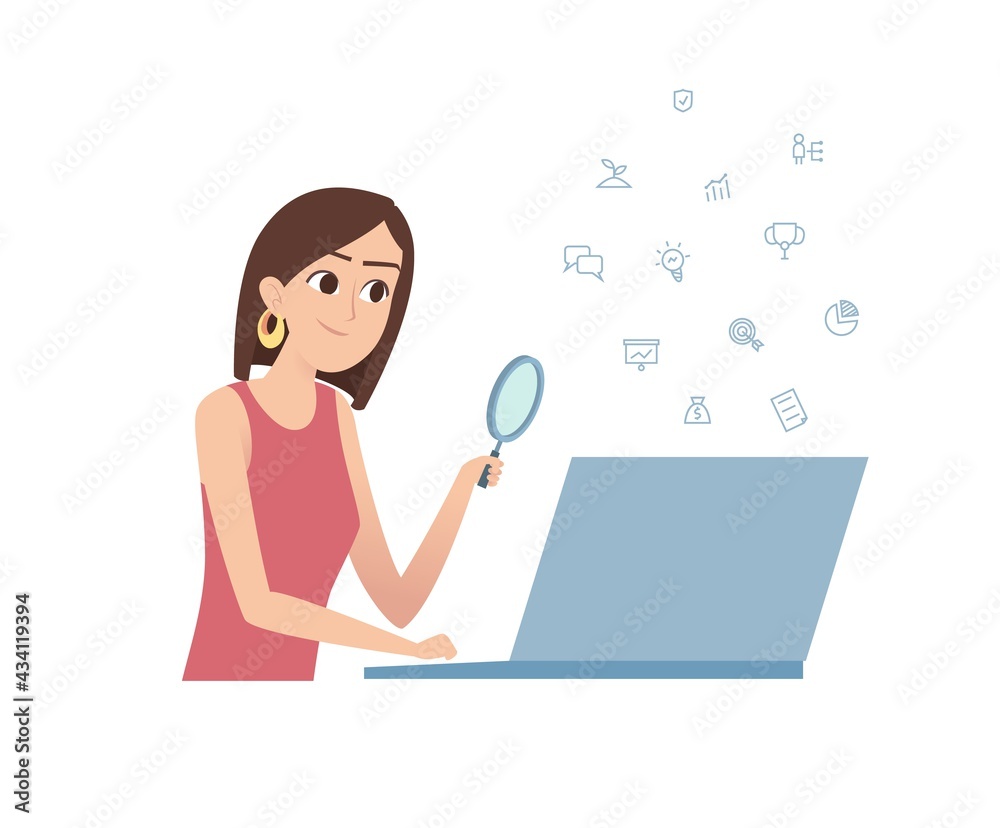 Girl looks carefully at laptop. Exploring internet perspectives, online work or education vector concept Girl looks carefully at laptop. Exploring internet perspectives, online work or education vector concept