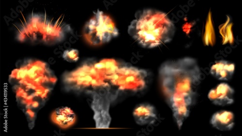 Realistic bomb explosion. Fire explosions effect, light and steam vector collection