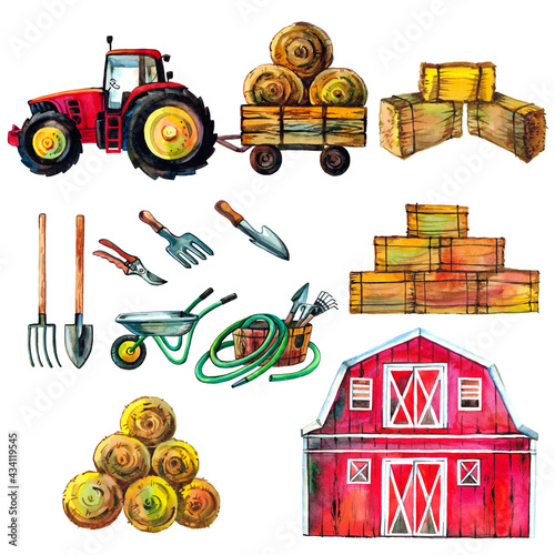 Εκτύπωση καμβά A cute tractor set with a trailer, different-shaped haystacks ,inventory, hay barn and livestock isolated on a white background