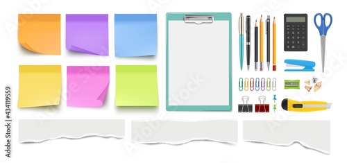 Stationery collection. Realistic pen pencil, notes sheets. Isolated scissors, paper clips and ripped edge pieces vector set