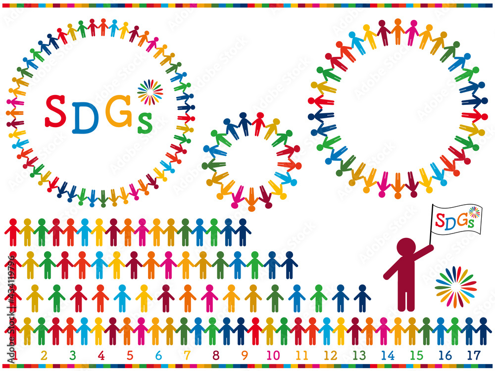 SDGsイメージの17色の人型のフレームやラインのベクター素材セット