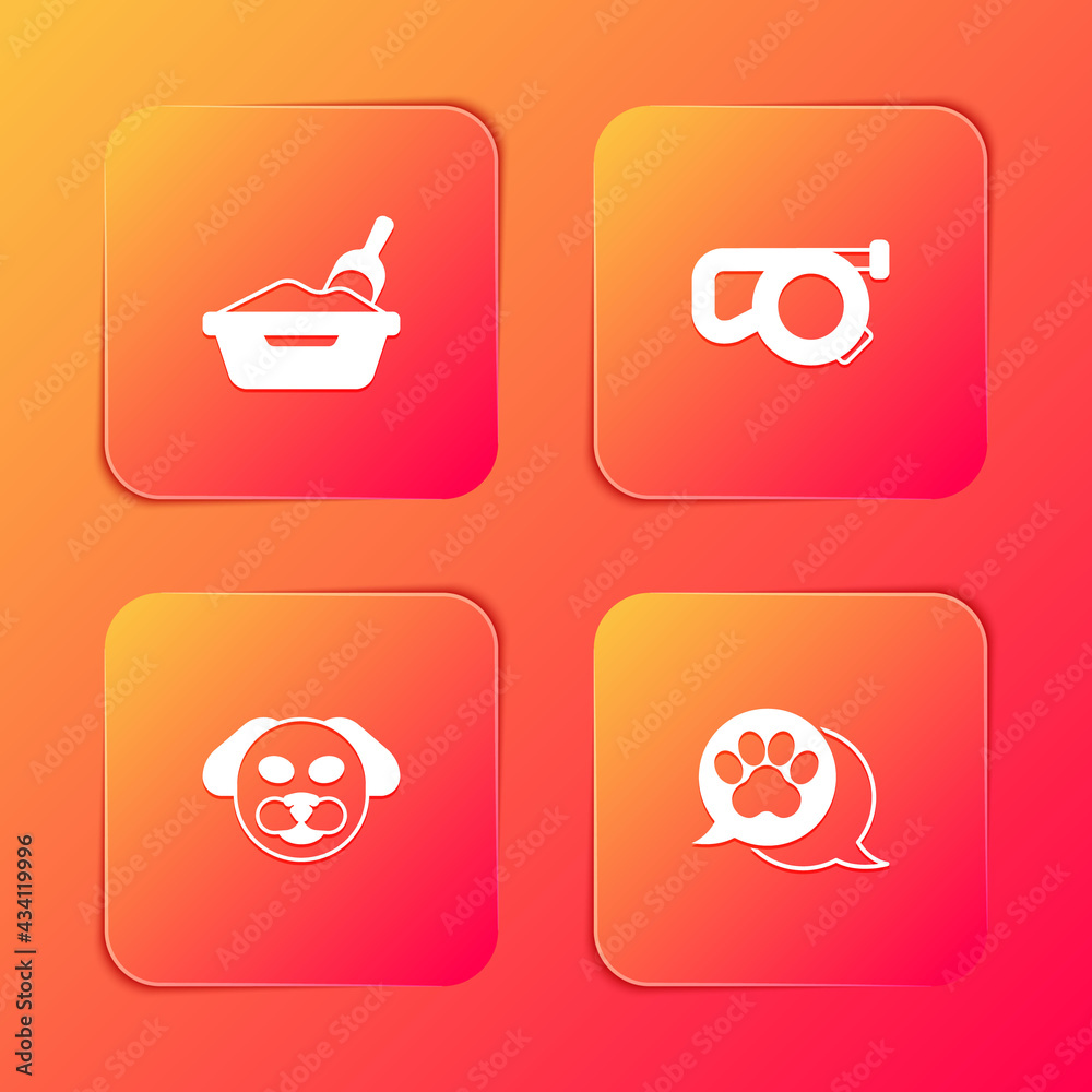 Set Cat litter tray with shovel, Retractable cord leash, Dog and Paw print icon. Vector Set Cat litter tray with shovel, Retractable cord leash, Dog and Paw print icon. Vector