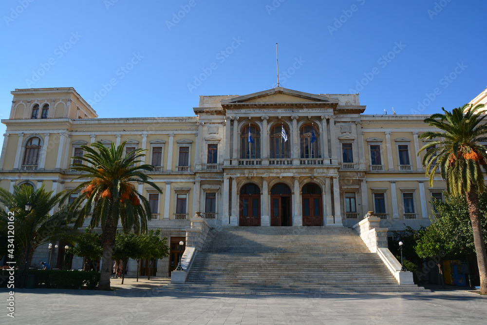 The  Town Hall of Ermoupolis in Syros island Greece  is  one of the most impressive Town Halls in the world.  It was built in 1876 under the supervision of its designer  Ernest Ziller. 