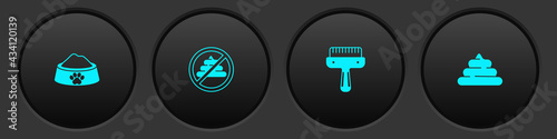 Set Pet food bowl, No shit, Hair brush for dog and cat and Shit icon. Vector