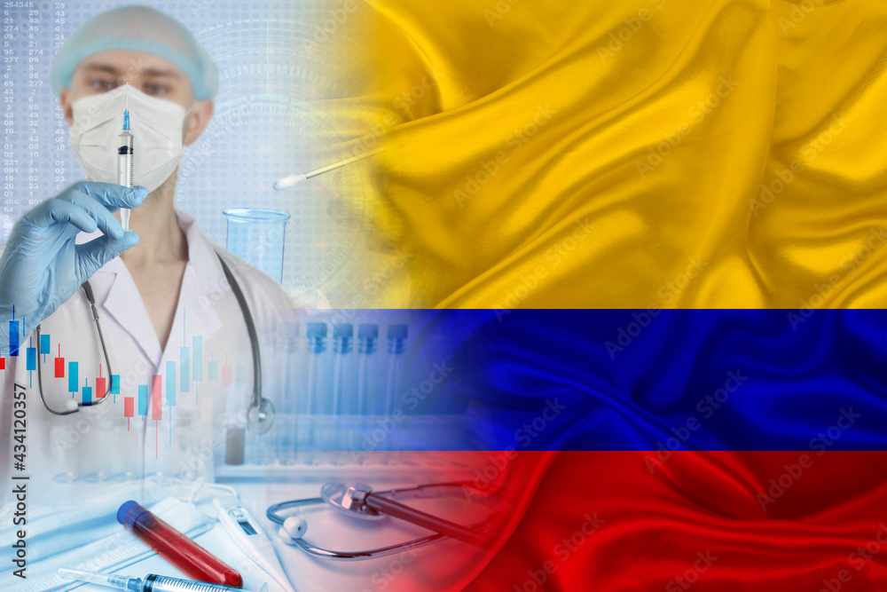 Colombia national flag on satin, doctor with syringe, country population vaccination concept, medical development, coronavirus covid-19, immune passport Colombia national flag on satin, doctor with syringe, country population vaccination concept, medical development, coronavirus covid-19, immune passport