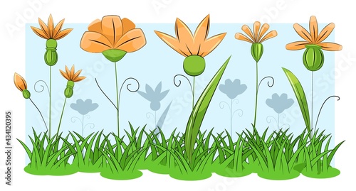 Blooming meadow with grass and flowers. Sky. Cartoon just style. Isolated on white background. Romantic fabulous illustration. Vector