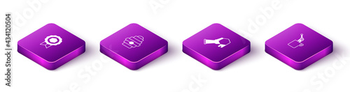 Set Isometric Honey medal, Hive for bees, Honeycomb and hand and dipper stick with honey icon. Vector