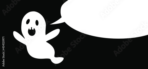 Flying baby ghost with speech bubble, for Happy halloween party on 31 october fest. Ghosts pictogram. Vector ghost sign. Cartoon fly spook seamless pattern. Zombie, monster, spooky, boo, scary symbol.