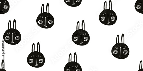 seamless pattern with forest animals, vector cute baby illustration with animal muzzles, scandinavian style