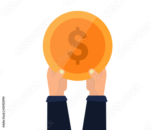 Hand giving coin icon. Businessman holding dollar symbol, on white background. Money transfer sign for mobile concept and web design. Vector graphics.