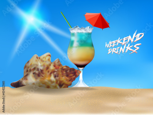 Close up of an orange helical seashell with blue and yellow daiquiri cocktail in an elegant glass, cocktail umbrella on golden sand on a tropical beach against a blue summer sky. Vector design.