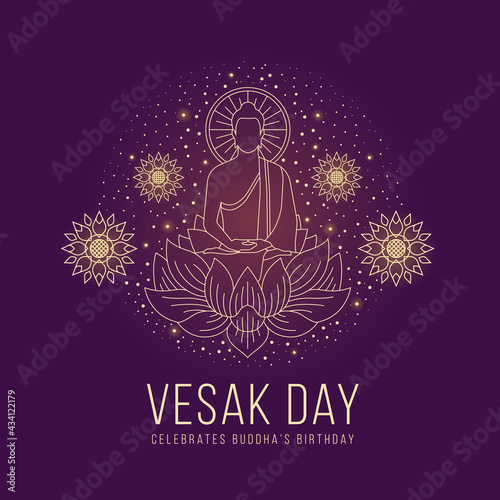Vesak day - abstract line The Lord Buddha meditated on lotus sign and around with lotus flower and dot star light on purple background vector design