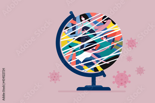 Conceptual illustration of people wearing mask are tied together in a globe . A concept of social life at the time of Covid -19 pandemic