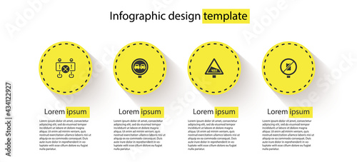 Set Road barrier, No overtaking road traffic, Steep ascent and descent and cell phone. Business infographic template. Vector