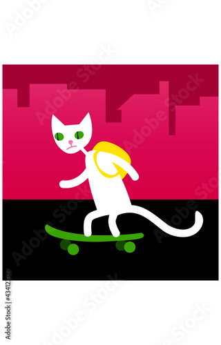 Cats life. The cartoon white cat with a yellow backpack run around the city on a skateboard. Vector image for prints, poster and illustrations.