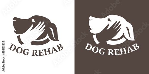 Vector filled dog rehabilitation center logo on isolated background. Dog shelter logo. Logo with the image of a dog's head and a gentle human hand