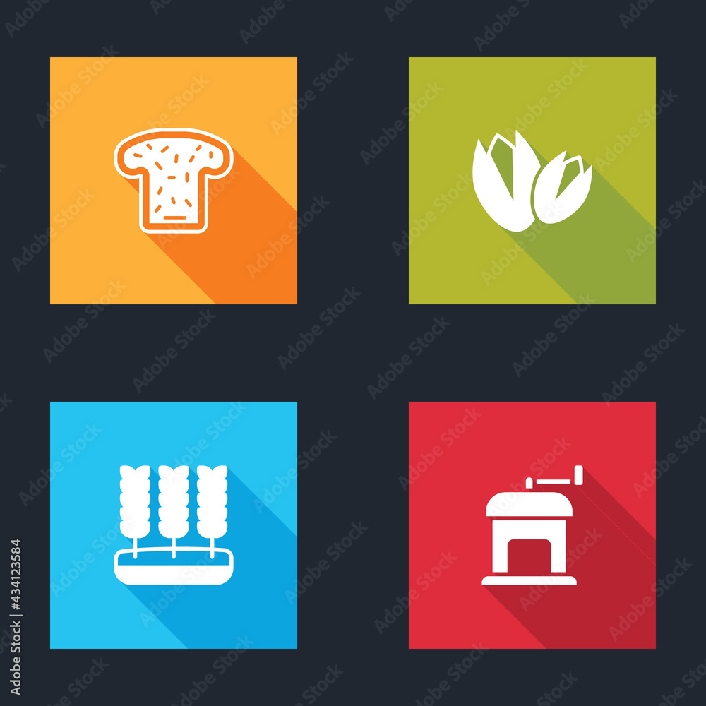 Set Bread toast, Pistachio nuts, Wheat and Manual coffee grinder icon. Vector Set Bread toast, Pistachio nuts, Wheat and Manual coffee grinder icon. Vector