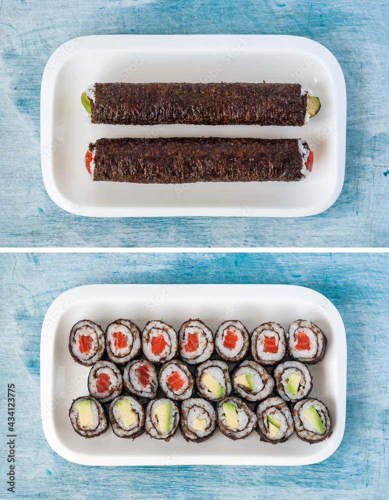 Sushi Rolls with Avocado and Salmon Fish Uncut and Cut Served on White Rectangle Plate on Turquoise Table - Homemade Japanese Cuisine Food Top View Close up Still-Life - Natural Light Shot Sushi Rolls with Avocado and Salmon Fish Uncut and Cut Served on White Rectangle Plate on Turquoise Table - Homemade Japanese Cuisine Food Top View Close up Still-Life - Natural Light Shot