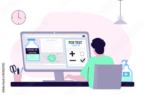 Man check PCR test results. Information about coronavirus on monitor. Male not infected with covid-19. Negative test result. Concept health care, immunization against coronavirus. Vector illustration