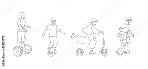 People go in for outdoor eco friendly sport activity: roller skating, electric scooter, monocycle, segway. Set of isolated  cartoon character icon in line art style.