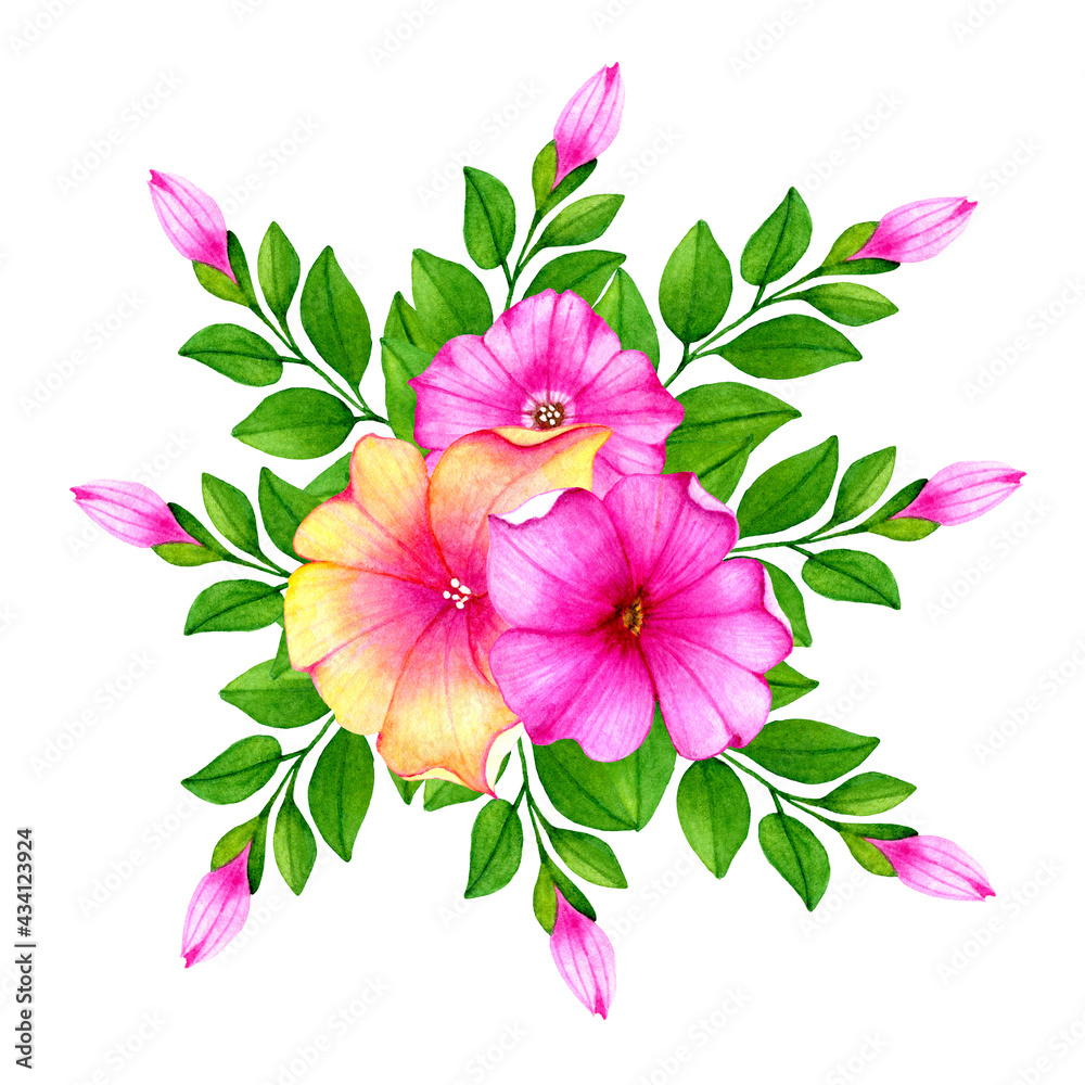 Obraz premium Beautiful floral bouquet with cute petunias flowers.buds and leaves.Watercolor hand drawn illustration.Isolated on white background.