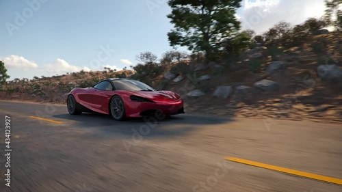 Red supercar going on Road. 3d seamless animation - slow photo