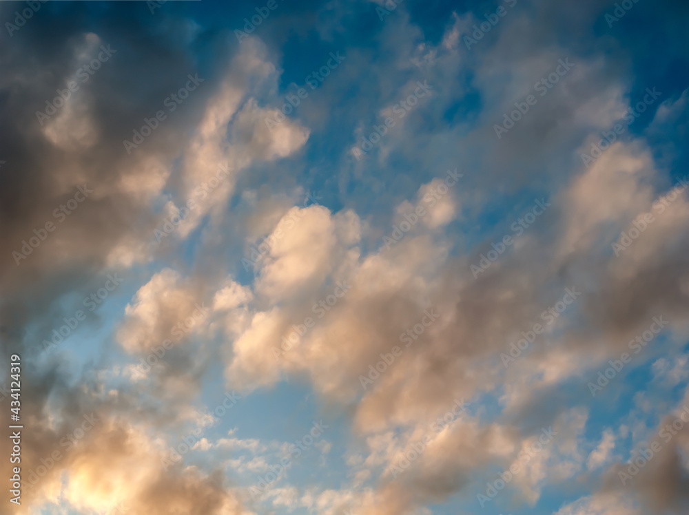 Spectacular Clouds in Evening Light of Sunset on Blue Sky Background - Overcast Western Sky in Spring Dusk Time - Belarus Minsk