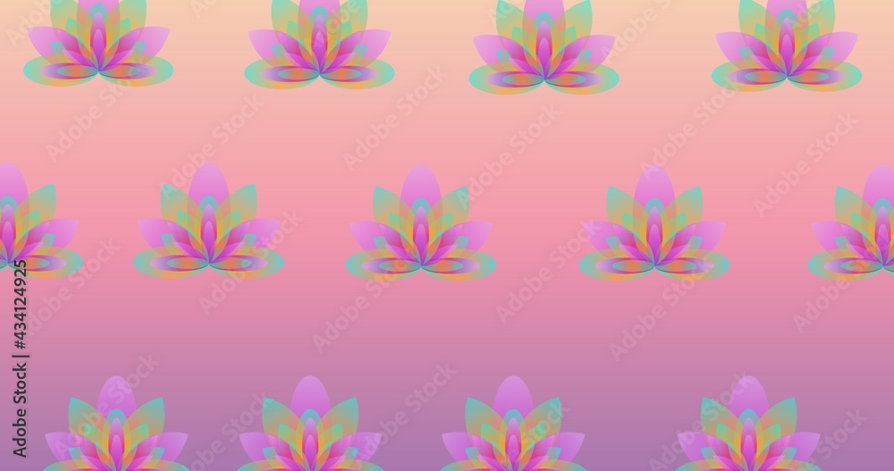 Illustration of rows of colorful flowers on pink background