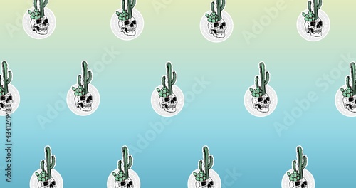 Illustration of rows of skulls and cacti on blue background