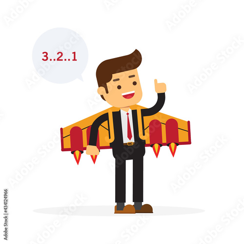 Businessman in jetpack and countdown to fly up the sky