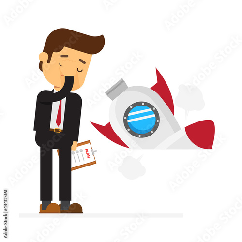 Businessman with plan and rocket crashed