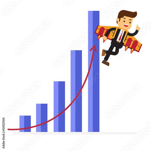 Happy businessman flying on jetpacks to his goal