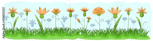 Blooming meadow with grass and flowers. Sky. Cartoon just style. Isolated on white background. Romantic fabulous illustration. Vector