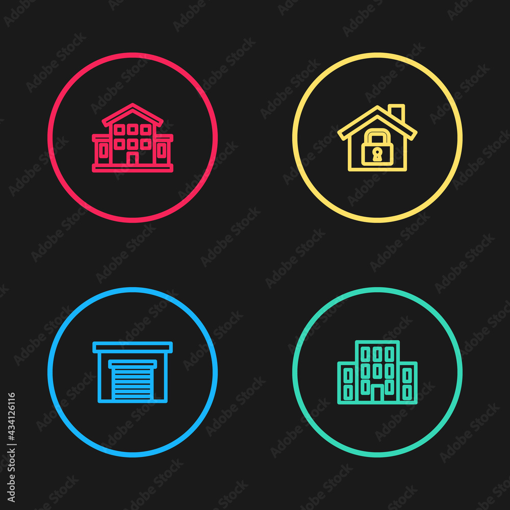 Set line Garage, House, under protection and icon. Vector Set line Garage, House, under protection and icon. Vector