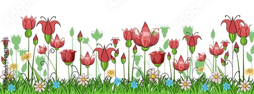 Blooming meadow with grass and flowers. Cartoon just style. Isolated on white background. Romantic fabulous illustration. Vector