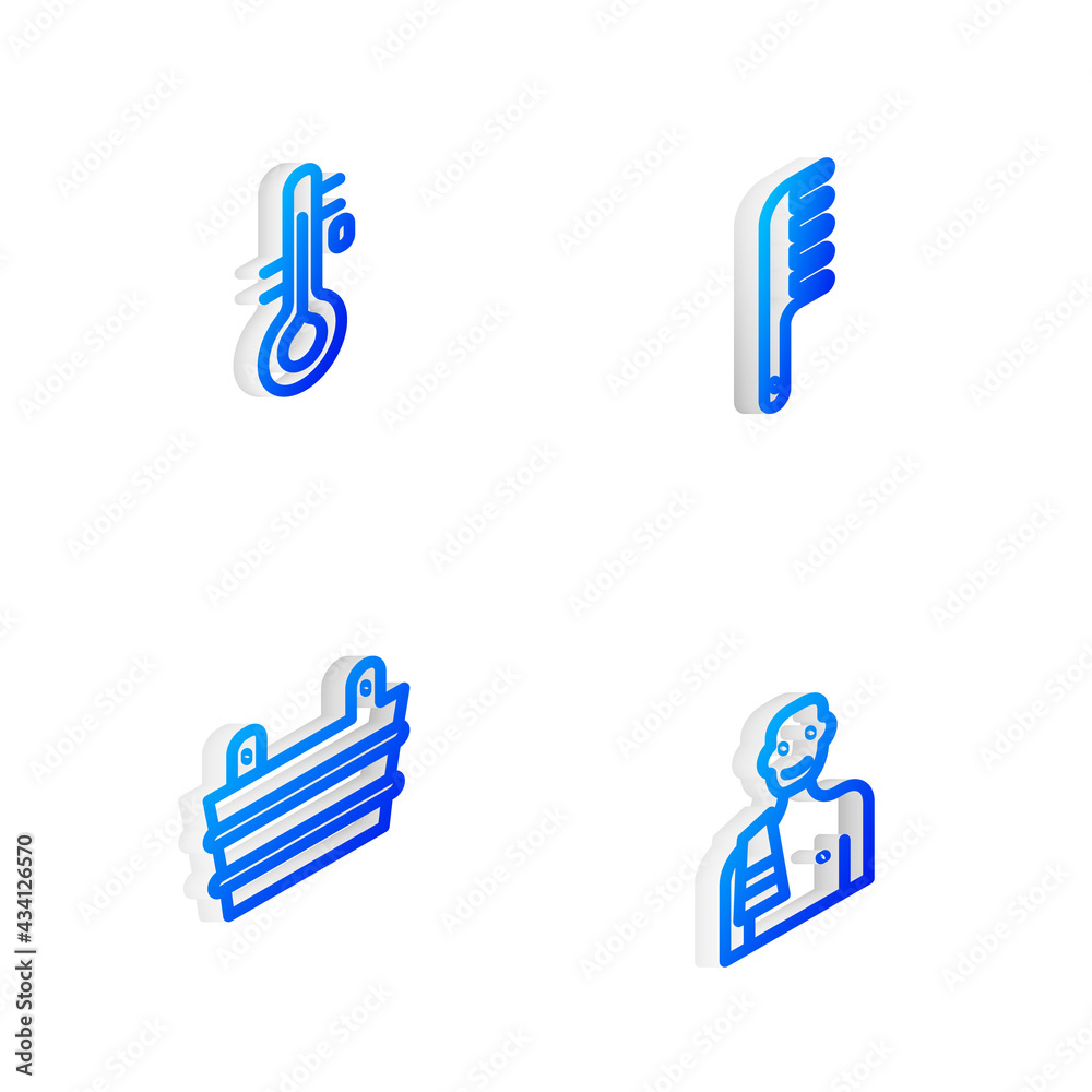 Set Isometric line Hairbrush, Sauna thermometer, bucket and Man in sauna icon. Vector Set Isometric line Hairbrush, Sauna thermometer, bucket and Man in sauna icon. Vector