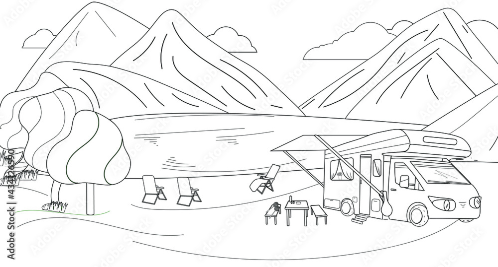Coloring of camping in the mountains on the shore of a lake, river. Motorhome with awning, sun beds, badminton rackets, camping table and picnic chairs. For poster, web, illustration, page design.