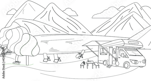 Coloring of camping in the mountains on the shore of a lake, river. Motorhome with awning, sun beds, badminton rackets, camping table and picnic chairs. For poster, web, illustration, page design.