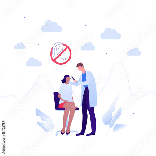 Otolaryngology consultation and deaf aid concept. Vector flat medical people illustration. Ear in red stop sign. Male doctor with otoscope and female patient. Design for health care