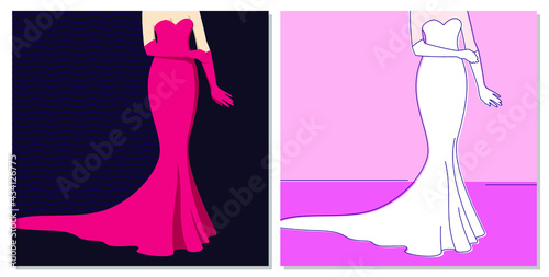 Set of abstract backgrounds. Woman in a red evening dress and woman in a white wedding dress. Editable mask. Template for your design works. Vector illustration.