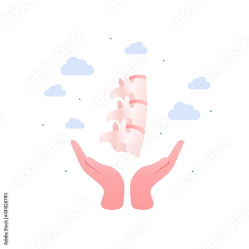 Orthopedics and back pain concept. Vector flat medical illustration. Human hand holding human spine of vertebra sign isolated on white background. Design for health care.