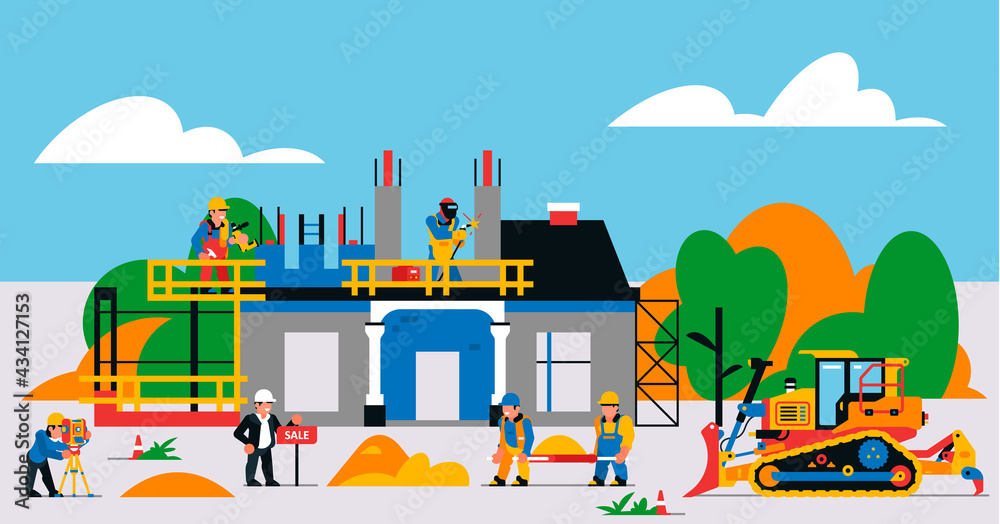 The house is under construction. Construction site with heavy machinery and workers. Builders, transport, building site, unfinished house, tools, people, sand, bulldozer. Vector illustration.