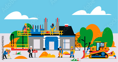 The house is under construction. Construction site with heavy machinery and workers. Builders, transport, building site, unfinished house, tools, people, sand, bulldozer. Vector illustration.