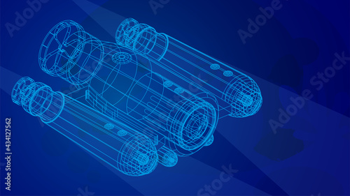 autonomous underwater robot drone for seabed exploration and deep sea video filming in wireframe low poly mesh on blue underwater background. 3d vector