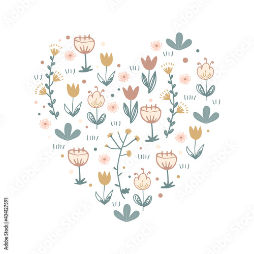 Cartoon Scandinavian Vector Floral Heart with doodle flowers. Hand drawn valentines day symbol