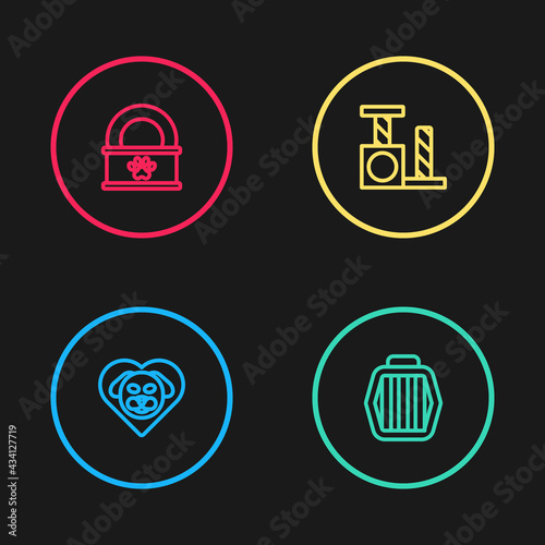 Set line Heart with dog, Pet carry case, Cat scratching post and Canned food icon. Vector