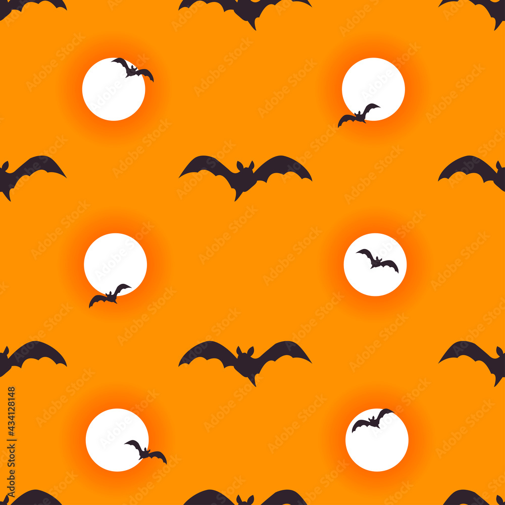 Halloween seamless pattern background. Flying bats and bloody moon isolated on orange for design halloween invitations, cards, menu etc. Vector cartoon illustration