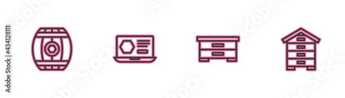 Set line Wooden barrel with honey, Hive for bees, Honey online service and icon. Vector