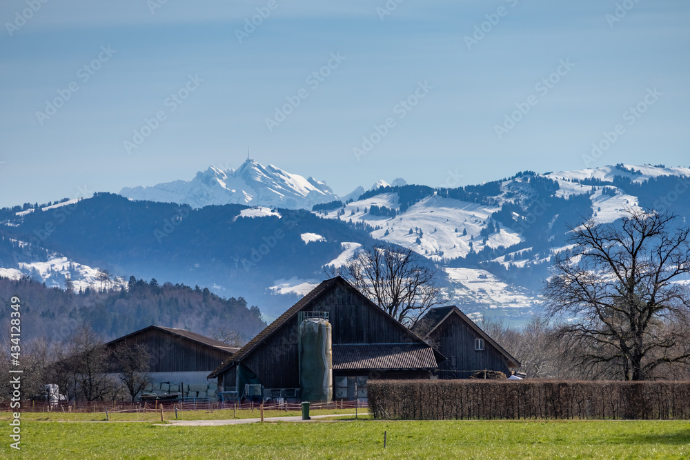 Rural scenes in the canton of St. Gallen with the imposing, snow covered Santis Peak in the bacground, Switzerland